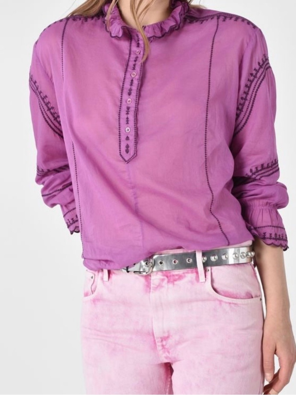 Isabel Etoile Marant Lavender Ruffle-Neck Embroidered Peasant Blouse